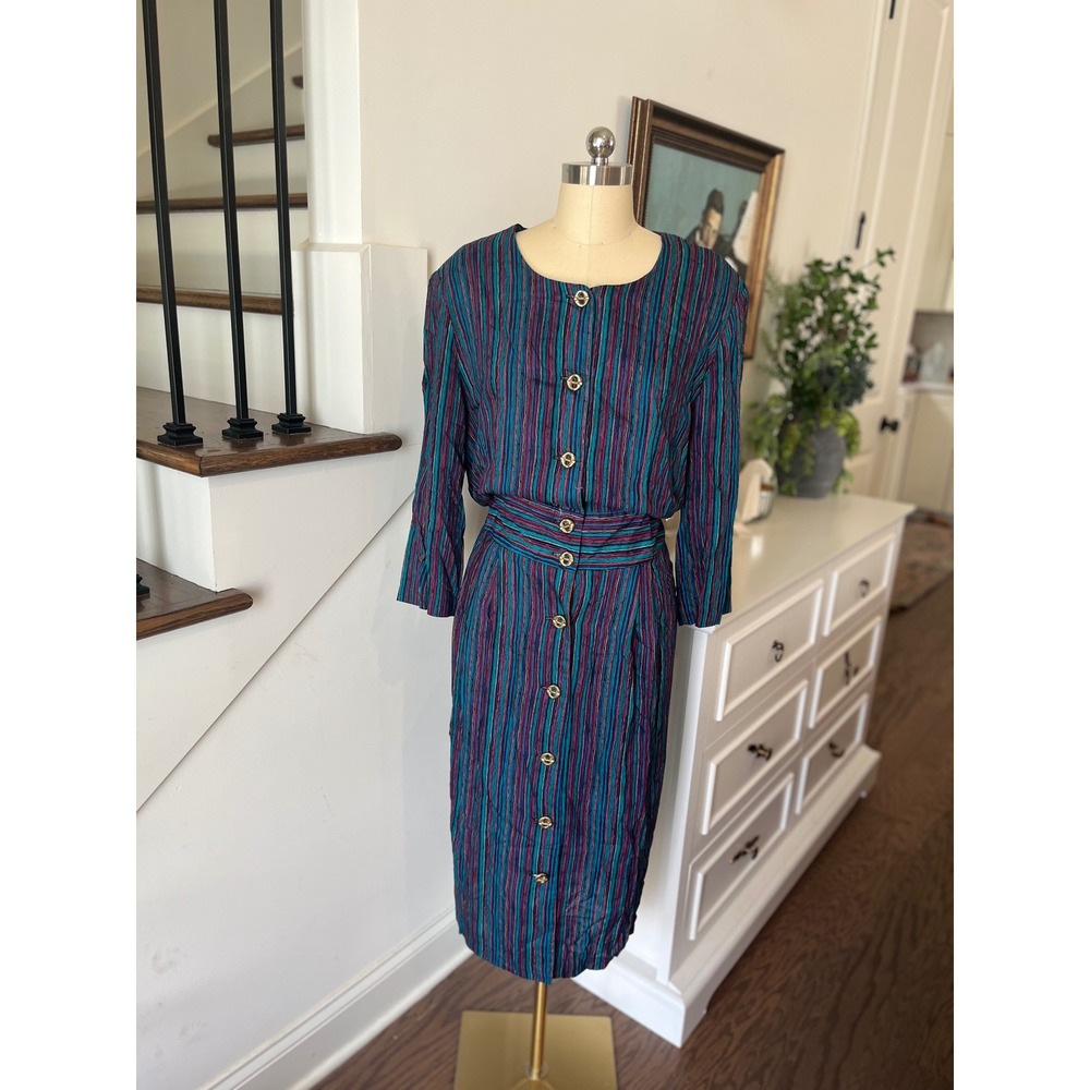 80s Vintage Whimsigoth Striped Midi Dress Witchy Grunge Fairycore Soft Alt Sz L?